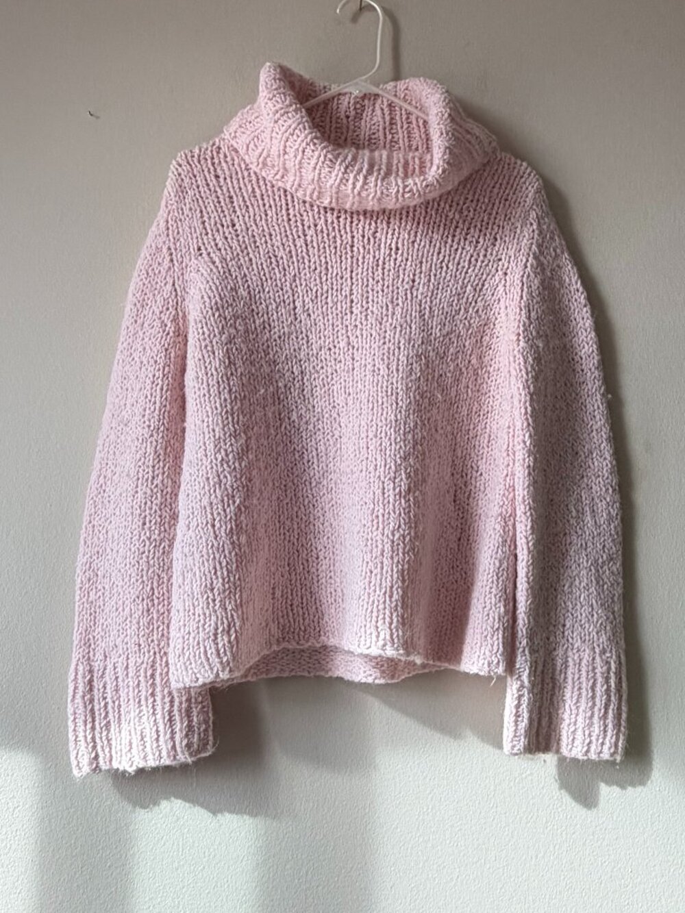 Vintage 90s Express Handknit Chunky Soft Pink Cowl Neck Sweater Large